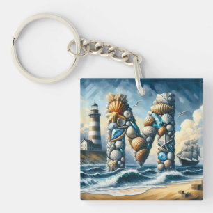Ocean Seashore Lighthouse Sailboat Monogram M Key Ring