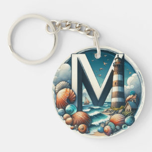 Ocean Seashore Lighthouse Sailboat Monogram M Key Ring