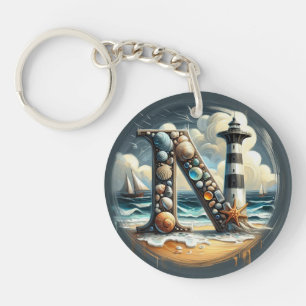 Ocean Seashore Lighthouse Sailboat Monogram N Key Ring