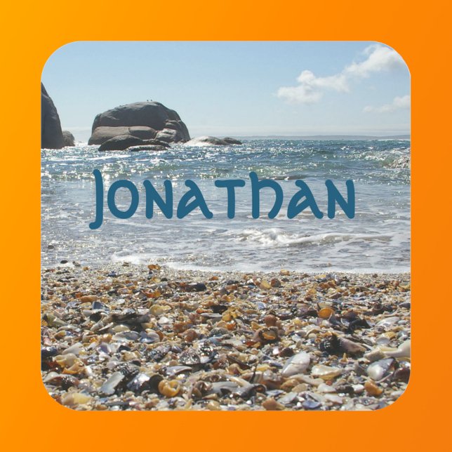 Ocean Shells Photo Blue Name Text Square Sticker (Front with Background)