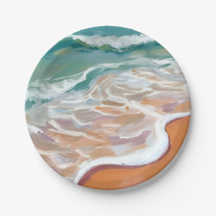 Ocean Shore   Aqua Blue Waves Beach Watercolor Paper Plate