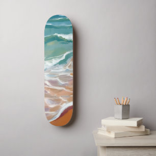 Ocean Shore   Aqua Blue Waves Beach Watercolor Skateboard