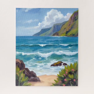 Ocean Shore Blue Waves Watercolor Painting Jigsaw Puzzle