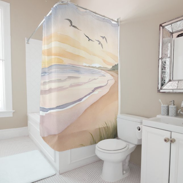 Ocean Shore | Bright Airy Watercolor Painting Shower Curtain (In Situ)