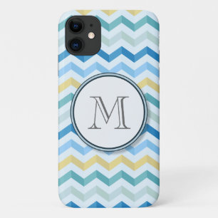 Ocean Shore Chevron Stripes with Round Monogram iPhone 11 Case