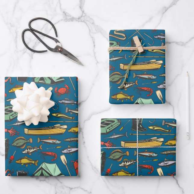 Ocean Shore Rubber Dingy Fishing Pattern Wrapping Paper Sheet (Front)