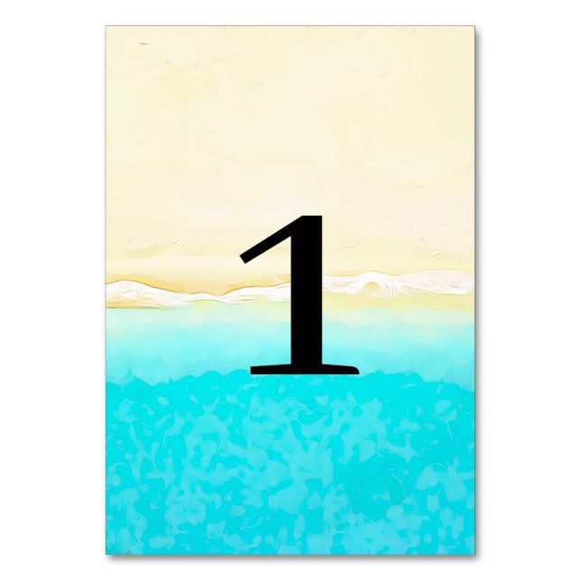 Ocean Shore Teal Water Wedding Table Number Cards (Front)