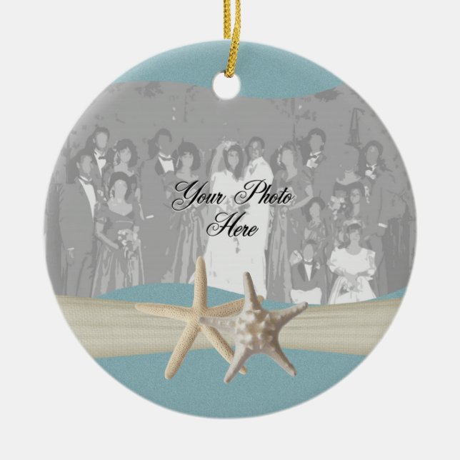 Ocean Sky Blue Starfish Photo Ceramic Tree Decoration (Front)