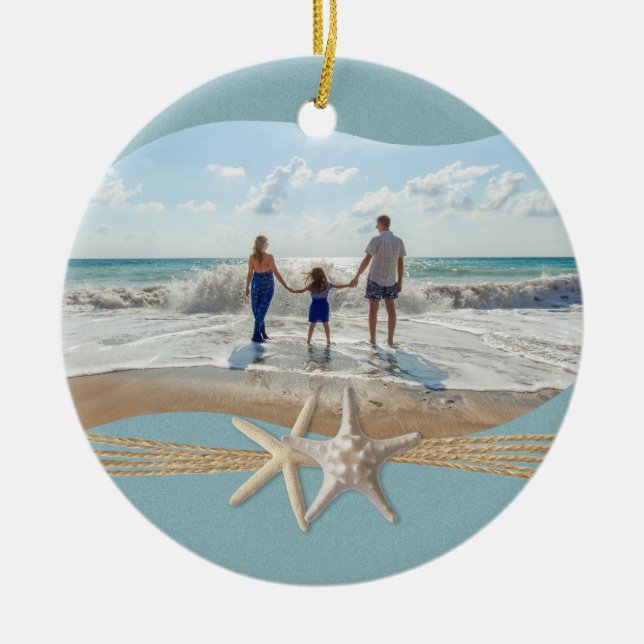 Ocean Sky Blue Starfish Photo Ceramic Tree Decoration (Front)