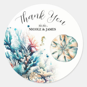 Ocean Splash Sea Coral Watercolor Wedding Classic Round Sticker