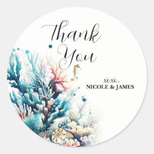 Ocean Splash Sea Coral Watercolor Wedding Classic Round Sticker