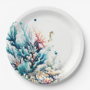 Ocean Splash Sea Coral Watercolor Wedding Paper Plate