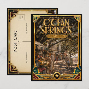 Ocean Springs Mississippi Vintage Art Deco Golden Postcard