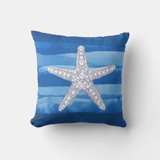 Ocean Starfish Blue White Throw Pillow (Front)