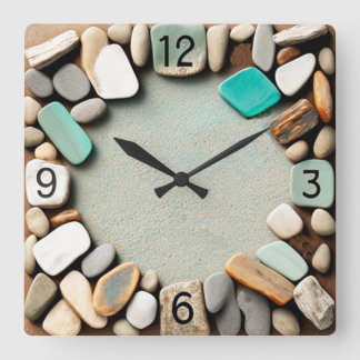 Ocean Stones and Sea Glass Driftwood Square Wall Clock