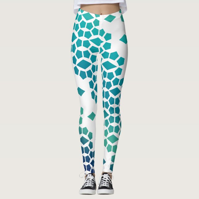Ocean Storm Blue Diamond and Honeycomb Pattern Leggings (Front)