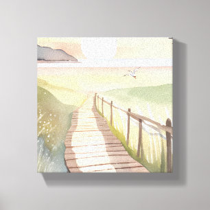 Ocean Stroll Yellow Sunset Watercolor Canvas Print