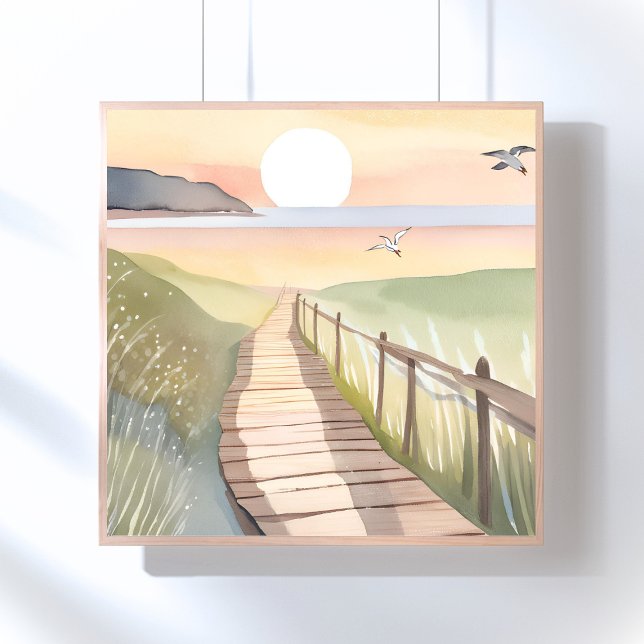 Ocean Stroll | Yellow Sunset Watercolor Poster (Creator Uploaded)