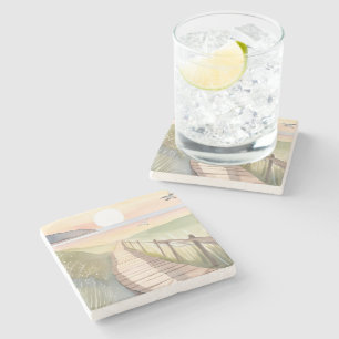 Ocean Stroll Yellow Sunset Watercolor Stone Coaster