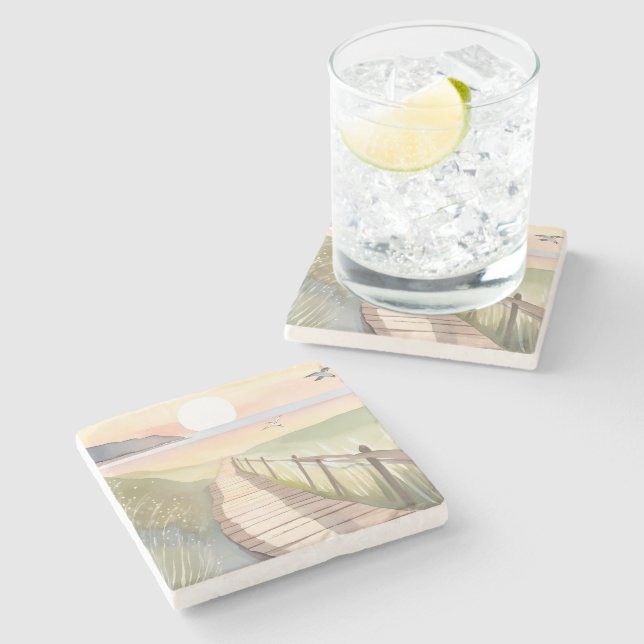 Ocean Stroll | Yellow Sunset Watercolor Stone Coaster (Side)