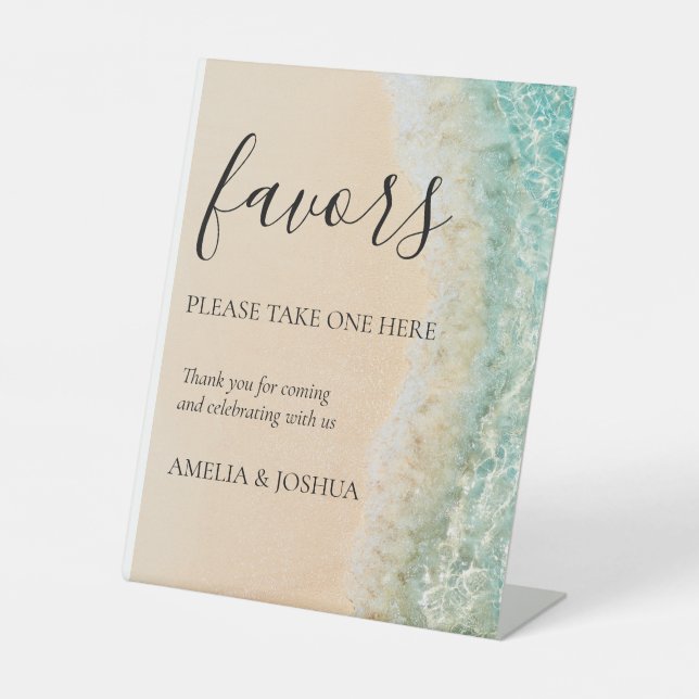 Ocean Summer Blue Beach White Sand Wedding Favours Pedestal Sign (Front)