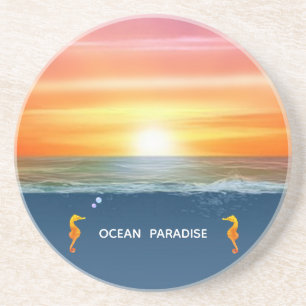 Ocean sunrise and Seahorses Party Favour Coaster