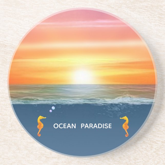 Ocean sunrise and Seahorses Party Favour Coaster (Front)