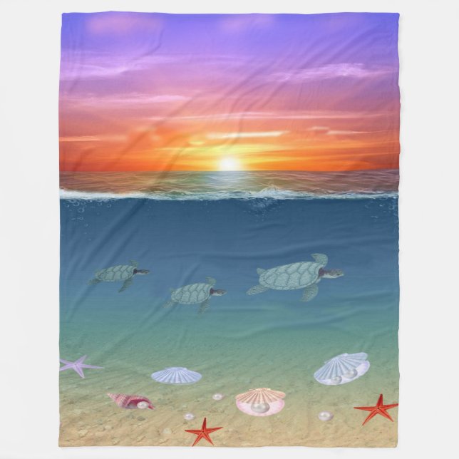 Ocean Sunrise and Swimming Sea Turtles Fleece Blanket (Front)