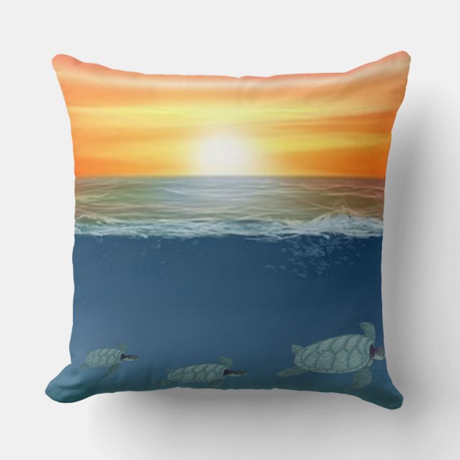 Ocean sunrise and swimming turtles cushion (Front)
