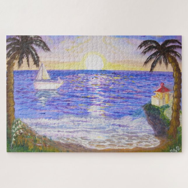 Ocean sunrise, coast landscape, yacht & palms art jigsaw puzzle (Horizontal)