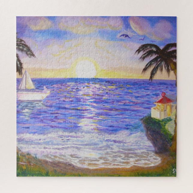 Ocean sunrise, coast landscape, yacht & palms art jigsaw puzzle (Vertical)