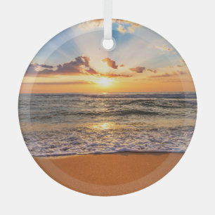Ocean sunrise, deep blue horizon. glass tree decoration