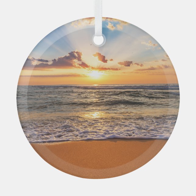 Ocean sunrise, deep blue horizon. glass tree decoration (Front)