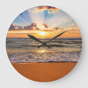 Ocean sunrise, deep blue horizon. large clock