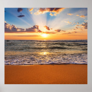 Ocean sunrise, deep blue horizon. poster