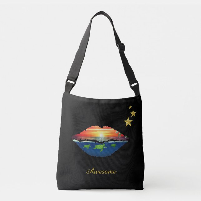 Ocean sunrise lips, stars and calligraphy on black crossbody bag (Front)