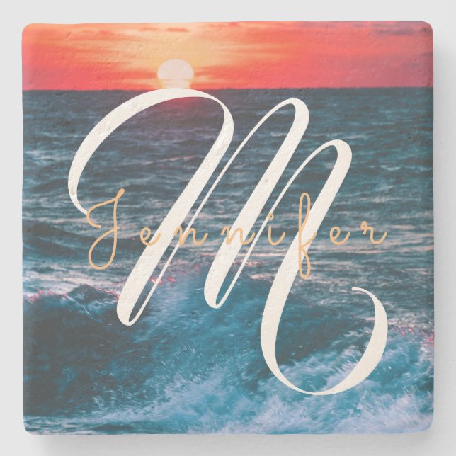 Ocean Sunrise Monogram Stone Coaster (Front)