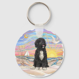 Ocean Sunrise-Portuguese Water Dog (bw5) Key Ring