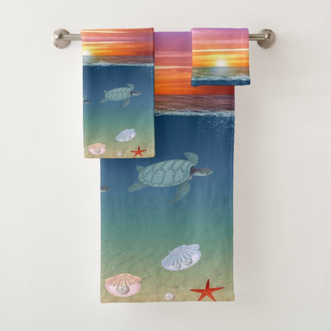 Ocean sunrise, sea turtles and pearls bath towel set (Insitu)