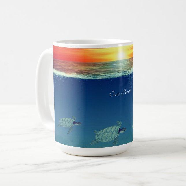 Ocean sunrise, sea turtles & calligraphy coffee mug (Front Left)