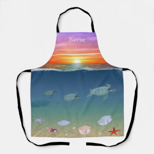 Ocean sunrise, sea turtles & pearls apron