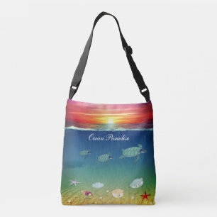 Ocean sunrise, sea turtles, shells & calligraphy crossbody bag