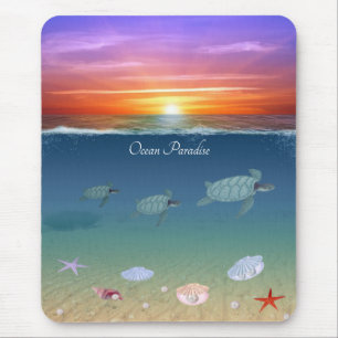 Ocean sunrise, swimming sea turtles and shells mouse mat