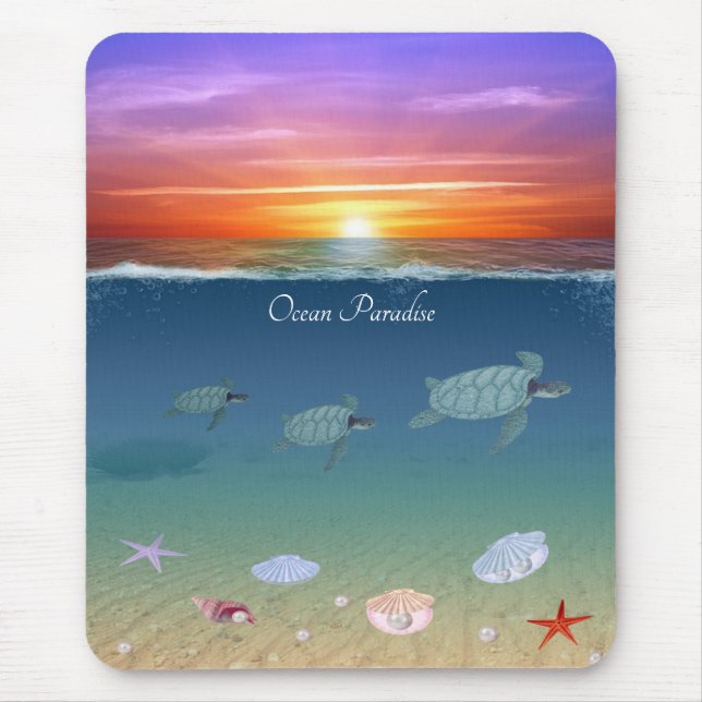 Ocean sunrise, swimming sea turtles and shells mouse mat (Front)