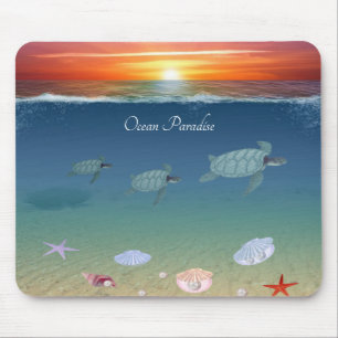 Ocean sunrise, swimming sea turtles and shells mouse mat