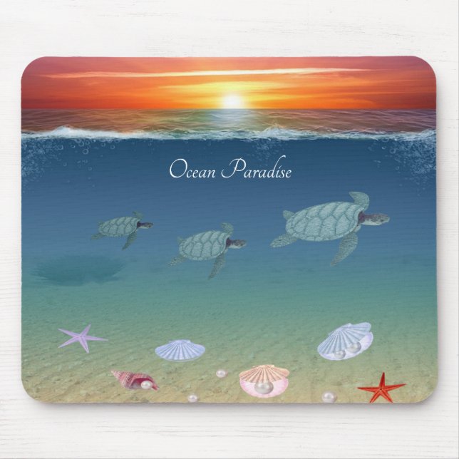 Ocean sunrise, swimming sea turtles and shells mouse mat (Front)