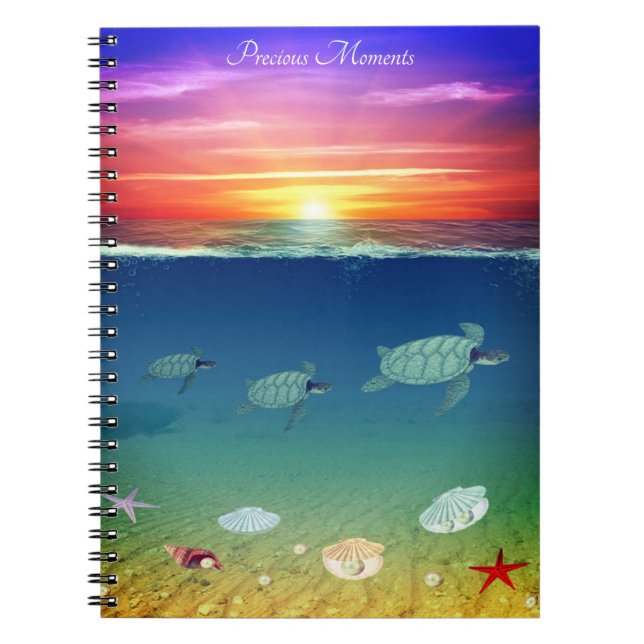 Ocean sunrise, swimming sea turtles & shells notebook (Front)