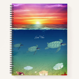 Ocean sunrise, swimming sea turtles & shells notebook