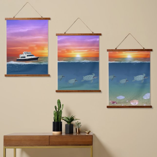 Ocean Sunrise, Yacht, Sea Turtles and Pearls Hanging Tapestry (Asymmetrical)