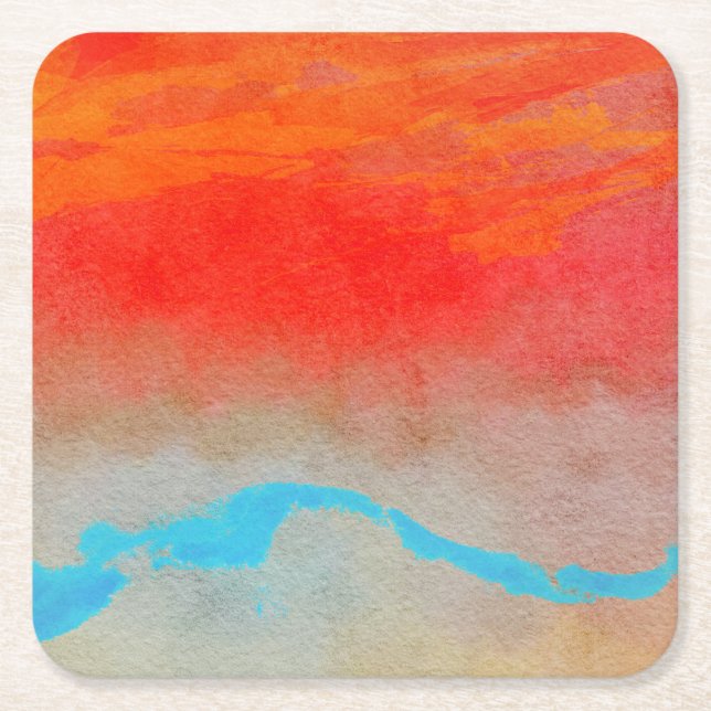 Ocean Sunset Abstract Square Paper Coaster (Front)